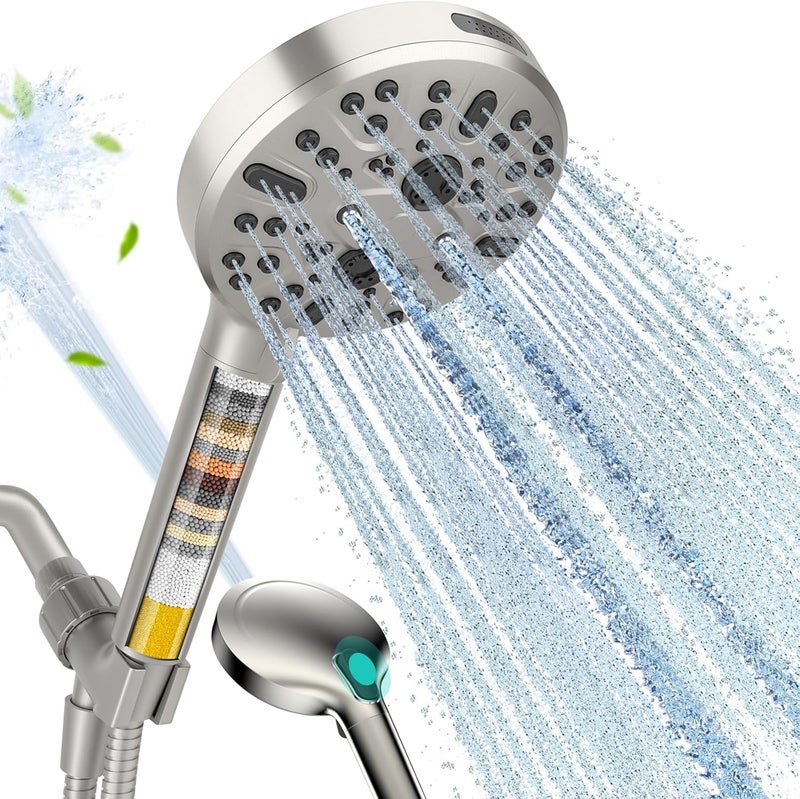 Cobbe Handheld Shower Head with Filter, High Pressure 9 Spray Mode Showerhead Built-in Power Wash with Hose, Bracket and Water Softener for Hard Water Remove Chlorine, Brushed Nickel - Image 1